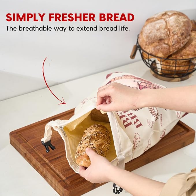 Bread Bags for Homemade Bread - 2 Pack XL Reusable Organic Beeswax Linen Cotton Sourdough Bread Bag, Eco-Friendly Bread Storage Bags with Sealing Zip to Keep Fresh, Perfect for Artisan & Bakery Bread