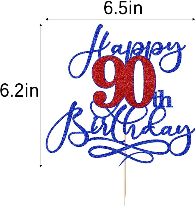 Happy 90th Birthday Cake Topper,Deep blue font red Numbers 90th Birthday Cake Decoration,Hello 90, Cheers to 90 Years/90th Anniversary,90& Fabulous Party Decoration