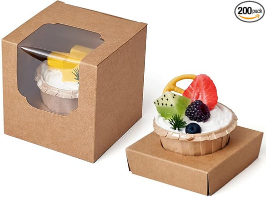 Kraft Cupcake Boxes Brown Individual 200 CT with Insert and Clear Window for Baby Shower Birthday Party Favor