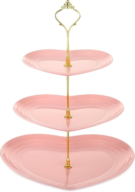 Layhit 1 Pack Wedding 3 Tier Cupcake Stand Heart Shaped 3 Tiered Serving Trays for Party Plastic Tray Dessert Cupcake Stand for Tea Party Baby Shower Wedding (Pink)