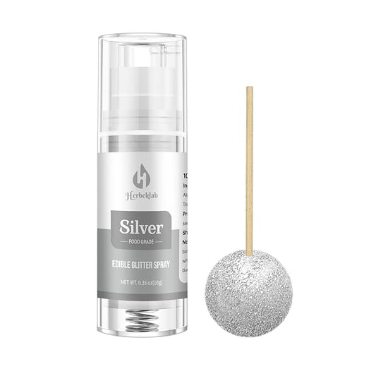 Silver Edible Glitter Spray – Herbeklab 10g Food Grade Edible Shimmer Spray for Cakes, Cookies, Chocolate, Strawberries, Drinks and Cocktails– Upgraded Bottle Design