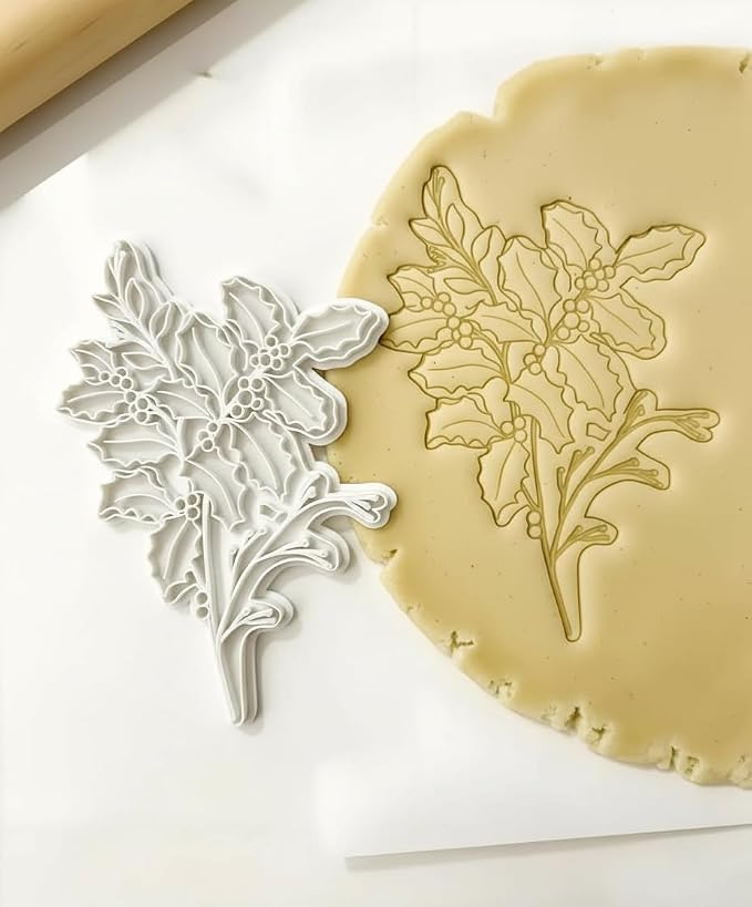 Birth Flower Cookie Cutter December Holly 3D Embosser Stamp with Detailed Petal Texture - Birth Month Flower Fondant Biscuit Baking Tools - Personalized Birthday Mom Gift Party Decorating 3"