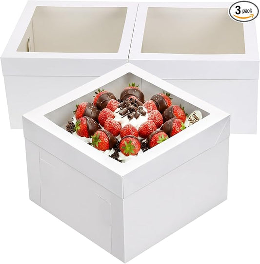 Moretoes 3 Pack Cake Boxes 12x12x8 Inch, Bakery Containers with Large Window, 12 Inch White Cake Carrier, Disposable Boxes for Birthday, Party, Cupcake Cookie Pie Pastry.