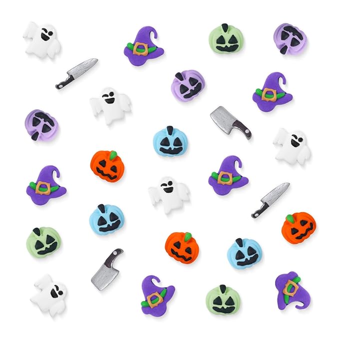 Edible Halloween Cake Decorations, 27 Count Royal Icing Toppers for Cakes, Cookies, Cupcakes - Pumpkin, Ghost, Witch Hat, Knife, Axe Icing Decoration - Spooky Baking Supplies for Halloween Party