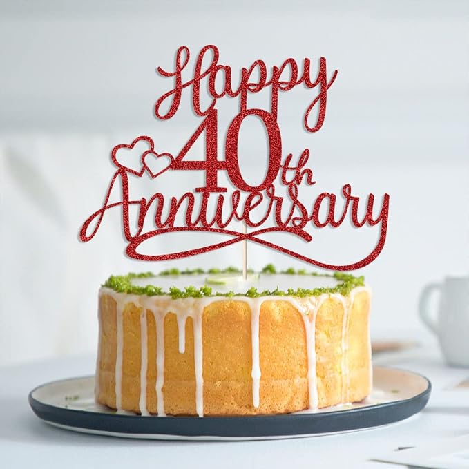 Sleyberoy red Glitter Happy 40th Anniversary Cake Toppers -Wedding Anniversary Party Decorations, 40th Wedding Anniversary, Company Anniversary Party, Birthday Party Decorations