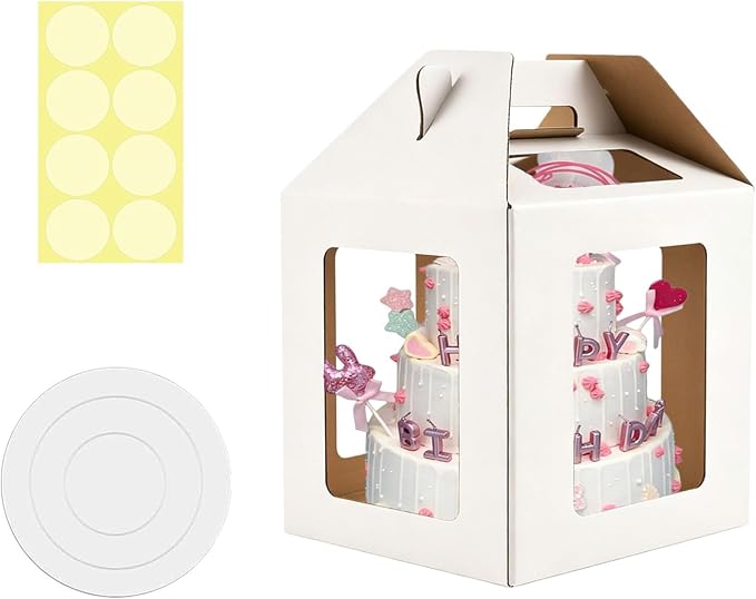 Cake Boxes - 1 Pack Tall Cake Box 12x12x14 Inch | Disposable Layer Carrier with 6 Window Large Tierd Cake Out Transport Containers with Handle for Wedding, Birthday, Party