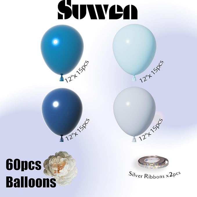 SUWEN Pastel Blue Balloons, 60Pcs 12inch Navy Macaron Light Blue Latex Balloons Kit for Birthday Anniversary Father‘s Day Party Decoration