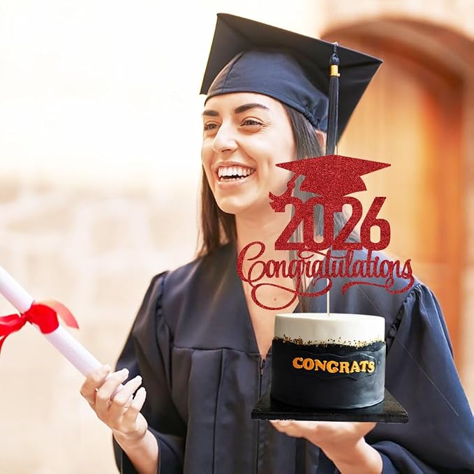 Glitter 2026 Congratulations Graduation Cake Topper,Congrats Grad Cake Decor - 2026 High School/College/Senior Graduation Party Decorations Supplies (2026 Congratulations red)