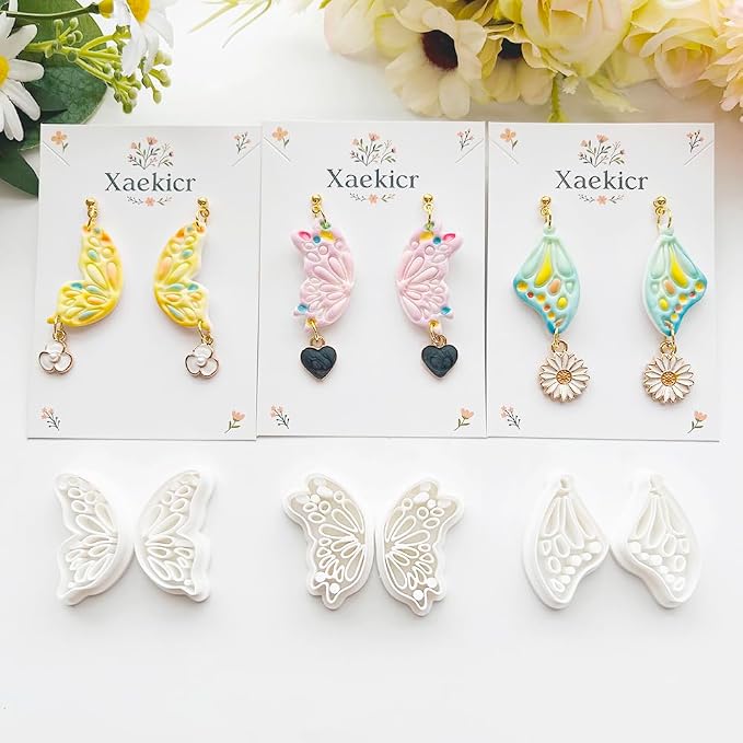 Xaekicr 12 Pairs Butterfly Wing Polymer Clay Cutters - Detailed Texture Jewelry Making Tools for Earrings & DIY Crafts, Soft Clay Shaping Molds