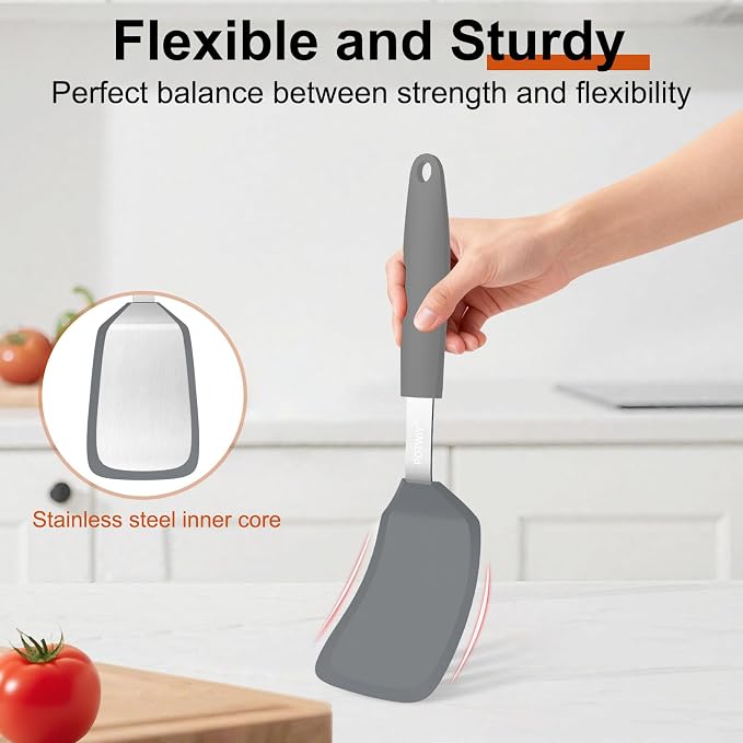 Silicone Spatula, 13 x 3.2 In, 600°F Heat Resistant (Gray) | Flexible Turner, BPA Free, Non Scratch for Non Stick Frying Pan, Kitchen Cooking, Flipping, Dishwasher Safe