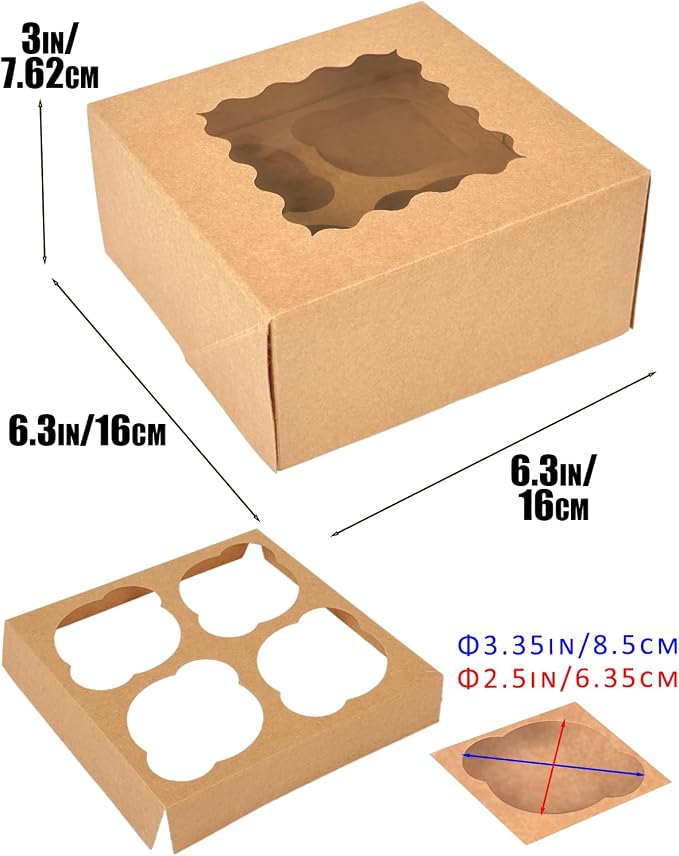 Bakepacker Auto-pop up 4 Cupcake Boxes with Window 20 Count Brown Box 6.3 x 6.3 x 3inch Cupcake Carrier
