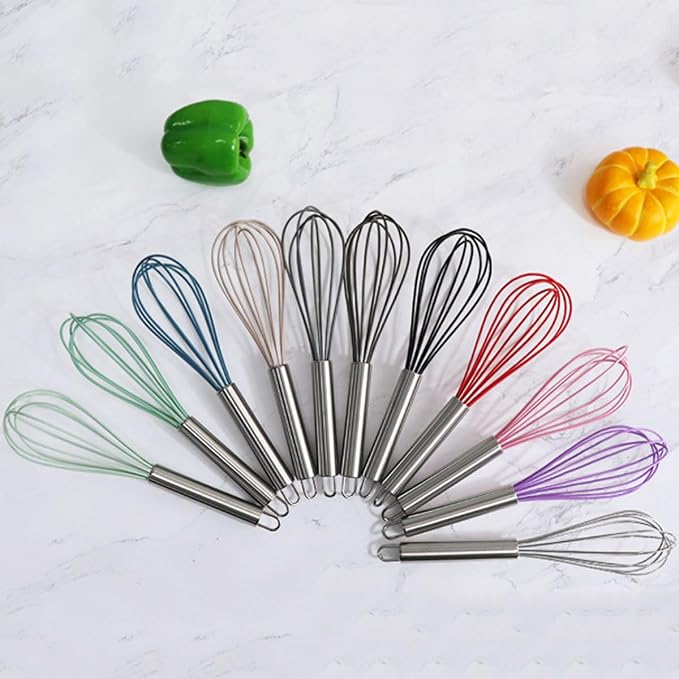 1-Piece Pink Silicone Whisk with Stainless Steel Handle BRIIEC 10-inch Egg Beater Milk Beater Balloon Whisk Manual Baking Tool for Blending Stirring Whisking and Beating