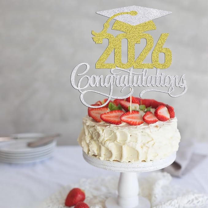 Silver-gold 2026 Congratulations Graduation Cake Topper,Congrats Grad Cake Decor - 2026 High School/College/Senior Graduation Party Decorations Supplies