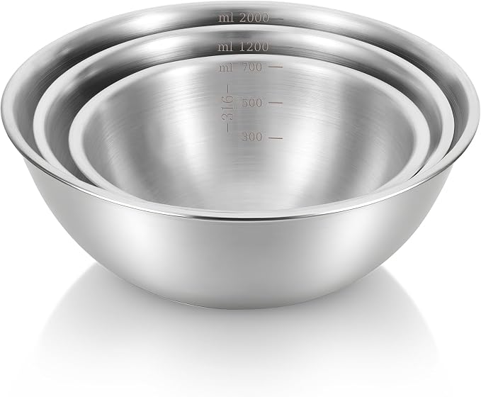 3 Packs Stainless Steel Mixing Bowls with Measurement Marks, Thicker Stainless Steel Flat Bottom Mixing Bowls Set, Stackable Salad Bowl for Cooking, Baking, Salad, Vegetables