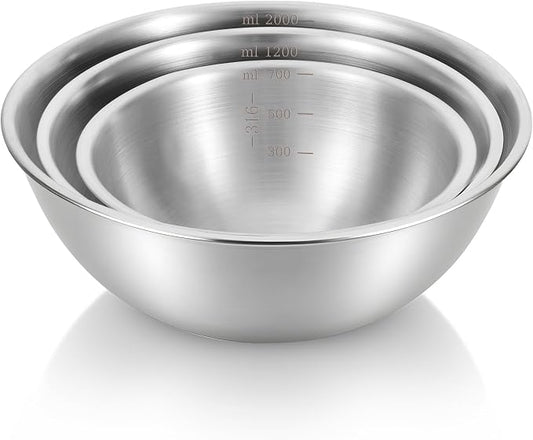 3 Packs Stainless Steel Mixing Bowls with Measurement Marks, Thicker Stainless Steel Flat Bottom Mixing Bowls Set, Stackable Salad Bowl for Cooking, Baking, Salad, Vegetables