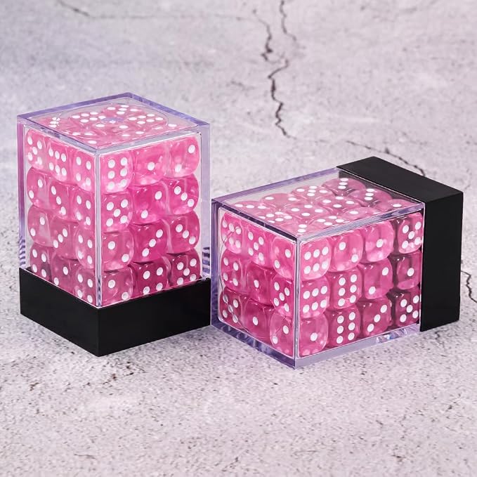36 of Pack 12MM 6 Sided MINI Dice Set,Translucent Colors Game Dice Set, 6 Sided Standard Colored Dices for Tenzi, Farkle, Yahtzee, Bunco or Teaching Math, with Portable Plastic Box(Pink)