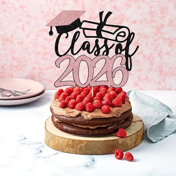 Gold Class of 2026 Congrats Grad Cake Topper Glitter Graduation Party Supplies - High School College Graduates -College Graduate Cake Topper Decorations (Black rose1)