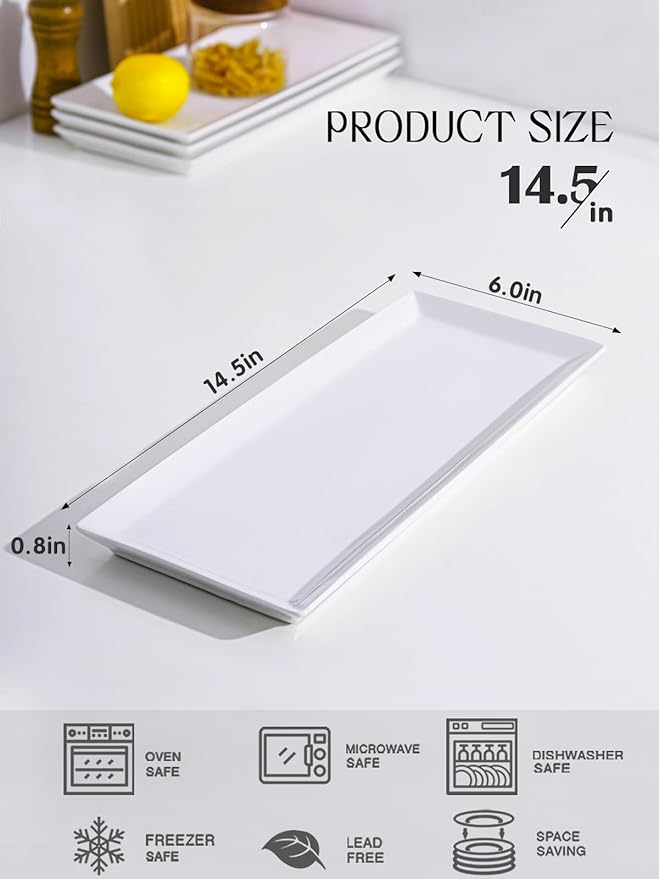 Kanwone White Serving Platters, Porcelain Serving Trays for Parties, Large Rectangular Plates - 14.5 Inch