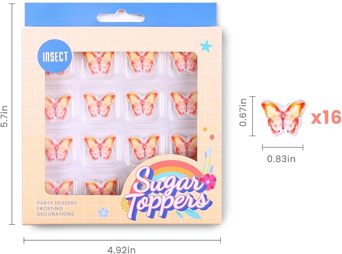 Edible Royal Icing Butterflies, Orange Butterfly Cake Decorations, 16 Pcs Butterflies Cupcake Toppers for Baking, Perfect for Cake, Ice Cream, Cupcakes, Cookies, and Cakesicles