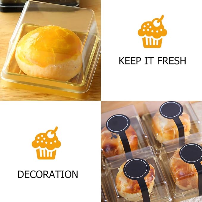 DOITOOL 100Pack Plastic Single Individual Cupcake Muffin Dome Holders, Moon Cake Box Stand, Mooncake Packaging Box with Covers, Cookies Muffins Dome Box Transparent Dessert Boxes- Golden ( 5. 7x5.