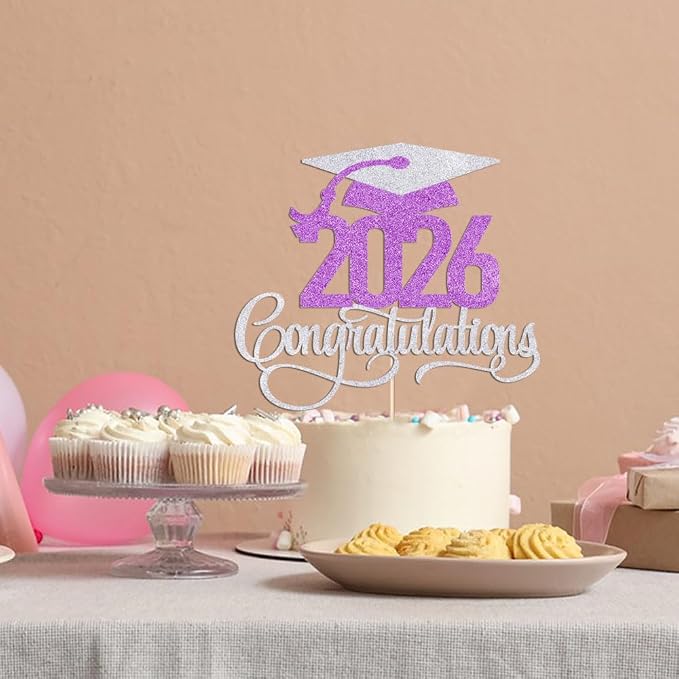 Silver Purple 2026 Congratulations Graduation Cake Topper,Congrats Grad Cake Decor - 2026 High School/College/Senior Graduation Party Decorations Supplies