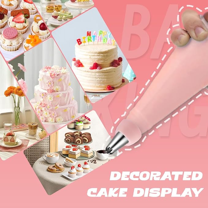 Pink Cake Decorating Supplies, spring baking kit pastel pink cake turntable kit with 10 Piping Tips, 50 Piping Bags, 2 Spatulas,3 Icing Scrapers,Pink baking supplies for girly cake decorating