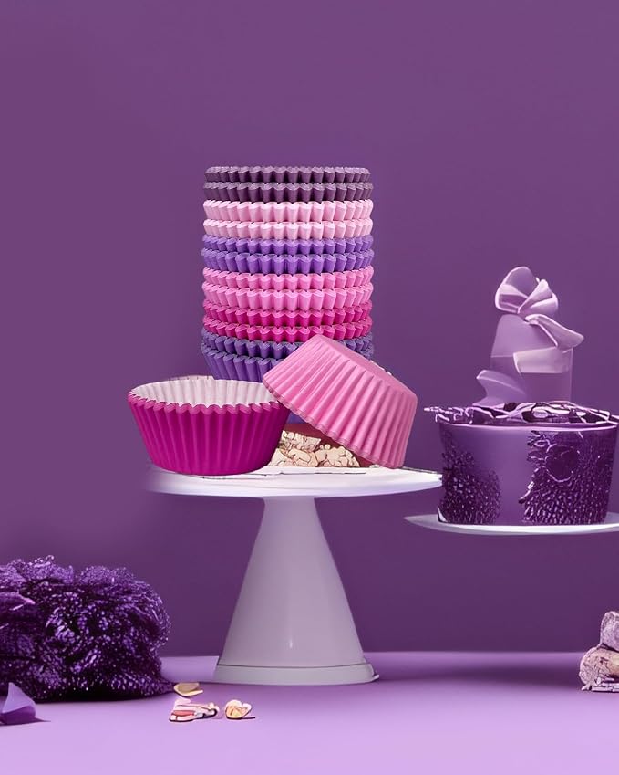 qiqee 300 Counts Cupcake Liners Cupcake Cups Food Grade 6 Solid Pink Purple Colors Cupcake Papers Muffin Baking Cups Cupcake Wrappers (Standard Size)