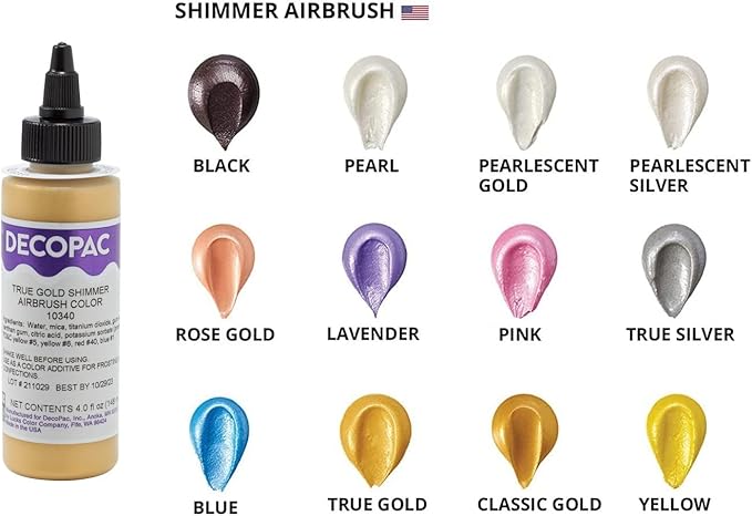 DecoPac Premium Airbrush Color, Pearlescent Gold Shimmer, Edible Airbrush Paint for Decorating Cakes, Cupcakes, and Cookies, Food Coloring, 4oz