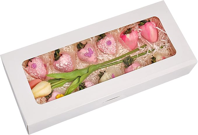 RIFMEAE 24-Pack 14" x 6" x 2.5" Cookie Boxes, Bakery Boxes with Window, Strawberry Boxes, Auto-Popup Treat Boxes for Strawberries, Cookies
