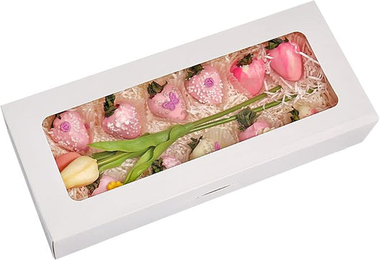 RIFMEAE 24-Pack 14" x 6" x 2.5" Cookie Boxes, Bakery Boxes with Window, Strawberry Boxes, Auto-Popup Treat Boxes for Strawberries, Cookies