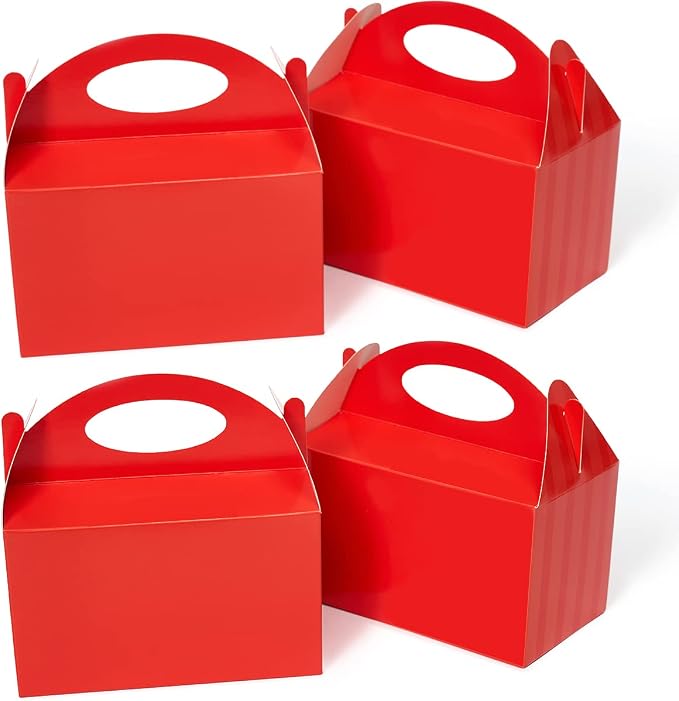 Happyhiram 25 Pcs Red Treat Boxes, 6 Inch Valentine Candy Boxes Party Favors with Handle Paper Cookie Gift Gable Boxes Snack Goodie Gift Bags for New Year Party Decorations