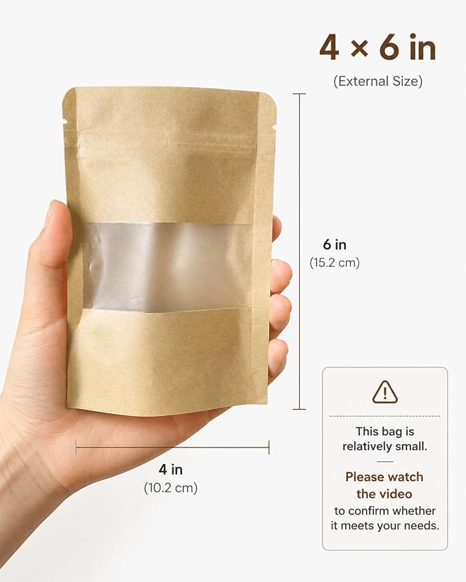 Food Bags 4x6in Mini 100 Pack Granola Trail Mix Bags with Window Resealable Stand Up Pouches Wax Melt Candy Bar Tea Packaging Beef Jerky Chip Bag Bolsas para Carne Seca