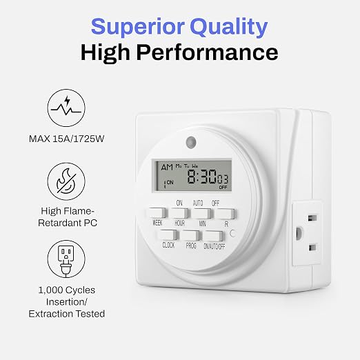 BN-LINK Indoor Digital Timer Outlet, Dual Outlet 7 Day Programmable Light Switch, 3 Prong Plug in Timers for Electrical Outlets, Lamps, Fans, 8 On/Off Programs, 2 Pack, 15A/1875W, ETL Listed