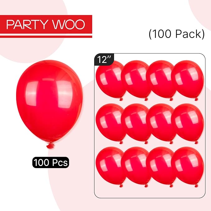 PartyWoo Red Balloons 100pcs 12 Inch Red Helium Balloons for Birthday Graduation Bachelorette Citizenship Firefighter Strawberry Anniversary Cherry Casino Movie Theme Party Decorations Red-Y57