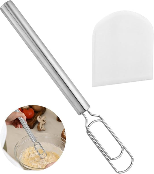 Danish Dough Whisk with 1 Scraper, 12" Stainless Steel Sourdough Mixer Tool for Sourdough Starter, Bread Whisk Tool for Pizza Bread Cake Mixing & Cooking(COLOR:Silver, white)