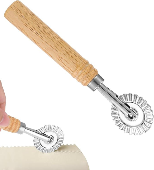 Fluted Pastry Cutter, 6.3 Inch Stainless Steel Fluted Pastry Wheel with Ergonomic Oak Wooden Handle for Ravioli, Pasta, Dumpling, Noodles, Kitchen 360 Degree Effortless Food Cutting