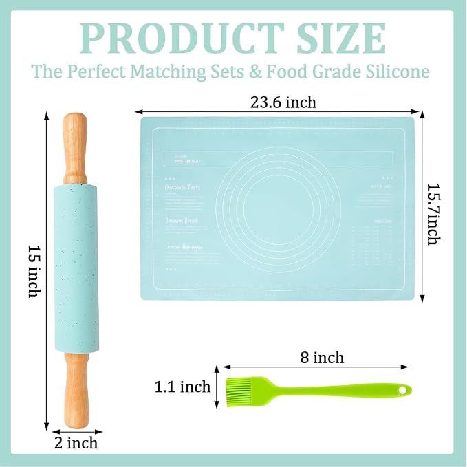 3Pcs Silicone Rolling Pin for Baking Sets,15Inch Pastry Dough Roller with Wooden Handle Silicone Mat and Brush, Non Stick Surface Rolling Pins for Dough Cookie Baking Kitchen Accessories(Green)