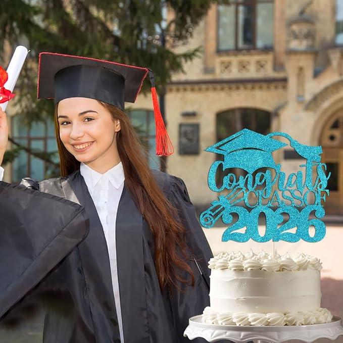 Congrats Class Of 2026 Cake Topper, Glitter Graduation Party Supplies - High School College Graduates -College Graduate Cake Topper Decorations Supplies (blue)