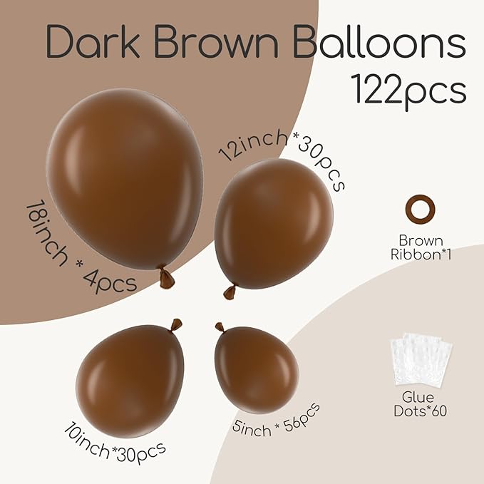 120pcs Dark Brown Balloons, 18 12 10 5 inch Boho Latex Balloons Different Sizes Dark Brown Balloon Arch Kit for Birthday Baby Shower Wedding Anniversary Party Decorations