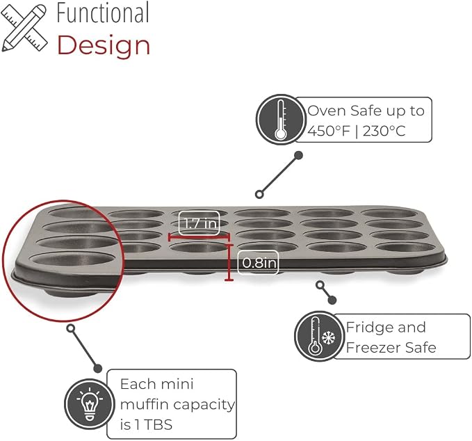 husMait 24-Cup Mini Muffin Pan - Non-Stick Carbon Steel Mini Cupcake Pan - Heavy Duty Metal Baking Tray, Warp-Resistant, PFOA Free & Dishwasher Safe