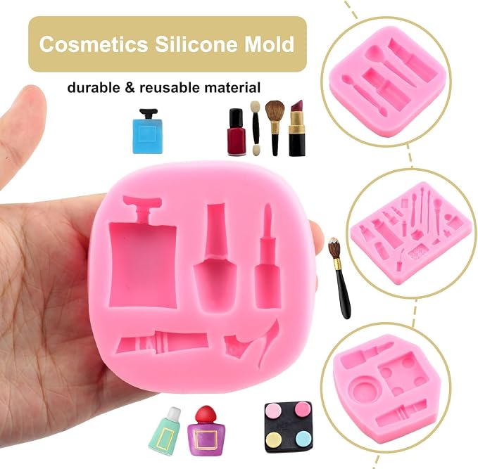 ZiXiang Makeup Tools Silicone Molds Lipstick Perfume Bottle Fondant Mold Nail Polish Makeup Brush Molds For Cupcake Topper Polymer Clay Chocolate Gum Paste Cake Decoration Set Of 4