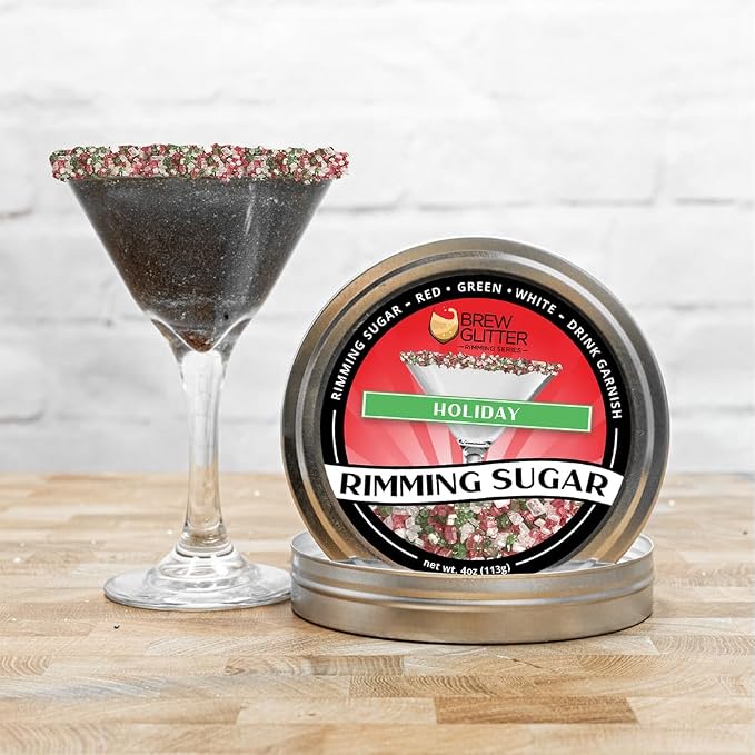 Brew Glitter - Red, Green & White Rimming Sugar (4oz, 1x Bar Tin) Cocktail Garnish for Mixed Drinks & Refreshments
