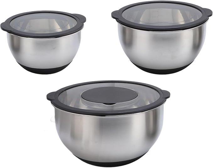 Stainless Steel Mixing Bowls Set, 3 Piece Bowl and Grater Set with Lids, 10in 8.5in 6.9in Nested Kitchen Prep Mixing Bowls for Baking Salad Food Prep