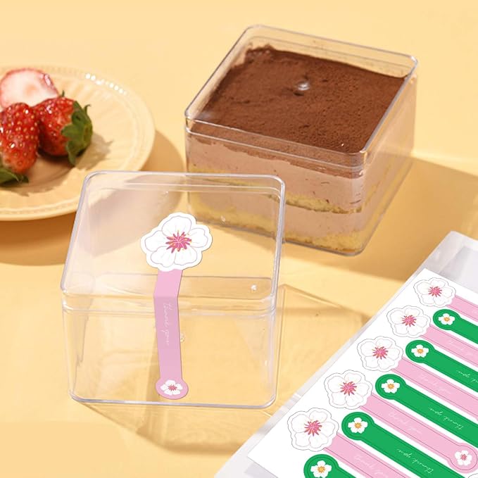 Cute Flower Shaped Thank You Stickers 300 Pcs Long Pink and Green Sealing Stickers Handmade Food Bakery Sticker Tamper-Proof Self-Adhesive Baking Labels