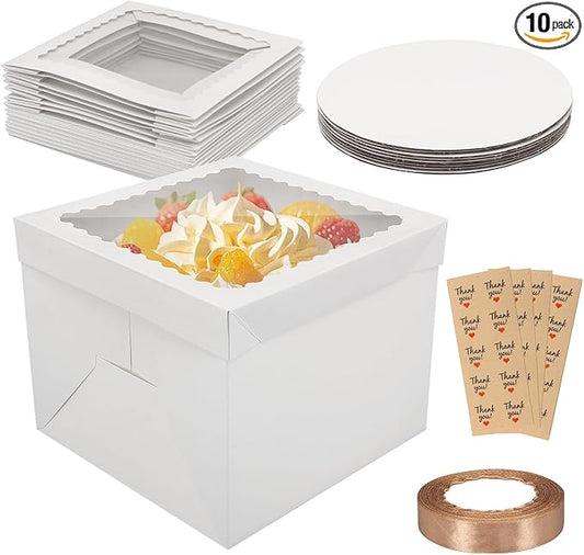 Cake Boxes, 10pcs Tall Cake Box with Window, White Bakery Boxes,10x10x8 Inches Large Baking Boxes, Square Cardboard Cake Box for Multi-Layer Cakes, Cake Decorating Supplies for Gift Giving
