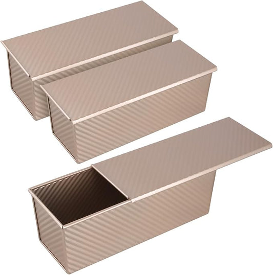 3 Pack Pullman Loaf Pans with Lid, 12 x 4 Inch Non-Stick Sandwich Bread Pan, Gold Loaf Pans for Homemade Baking Bread, Sandwiches and Toast
