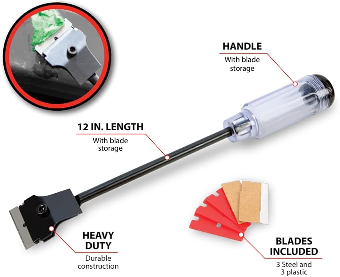 Performance Tool W233 12-Inch Long Reach Extension Scraper with 3pc Double Edged Plastic Razor Scraper Blades and 3pc Carbon Steel Razor Scraper Blades