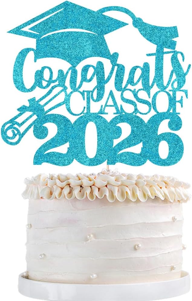Congrats Class Of 2026 Cake Topper, Glitter Graduation Party Supplies - High School College Graduates -College Graduate Cake Topper Decorations Supplies (blue)