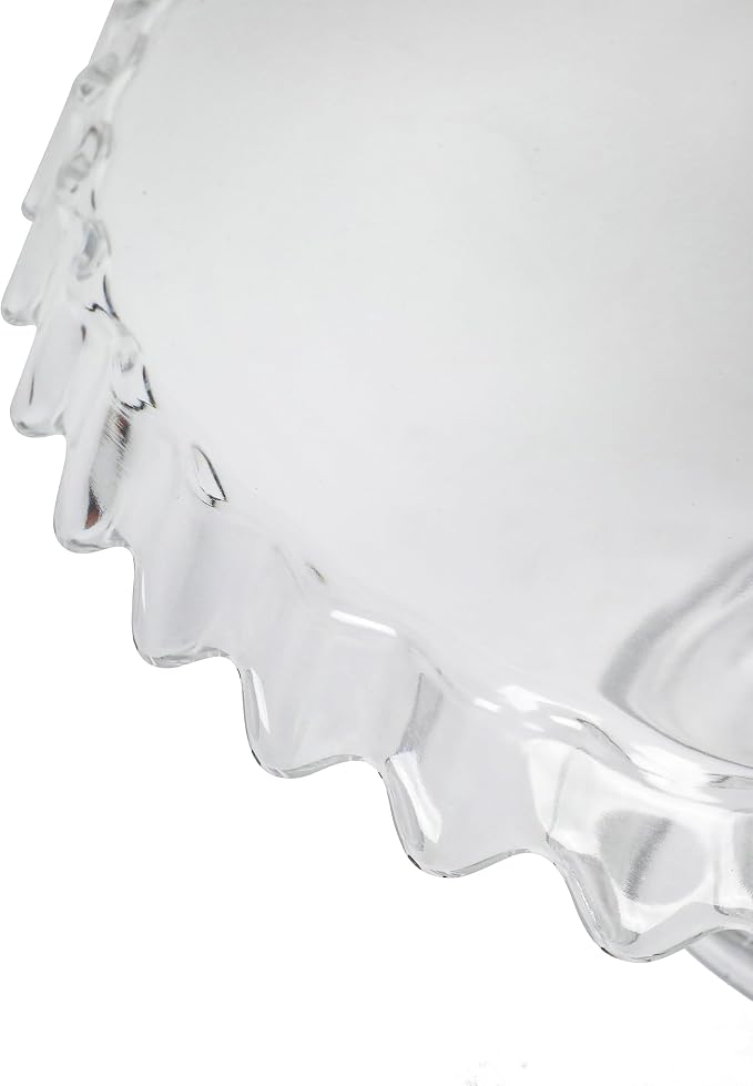 Martha Stewart Watercrest Glass Cake Stand, 10.2 Inch Footed Pedestal Cake Plate with Scalloped Ruffled Edge, Clear Handmade Glassware for Weddings, Parties, and Dessert Display