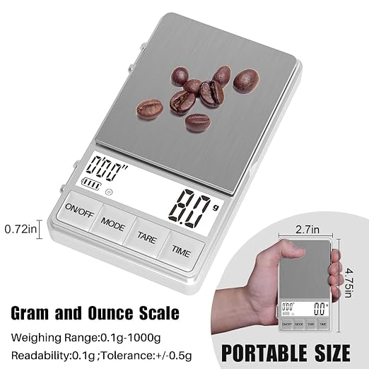 WEIGHTMAN Small Coffee Scale with Timer, 1000g x 0.1g, Mini Espresso Scale | Stainless Steel Food Scale for Grams and Ounces, Large Backlit LCD, Travel Pocket Scale for Pour Over Coffee, Tea and Baking